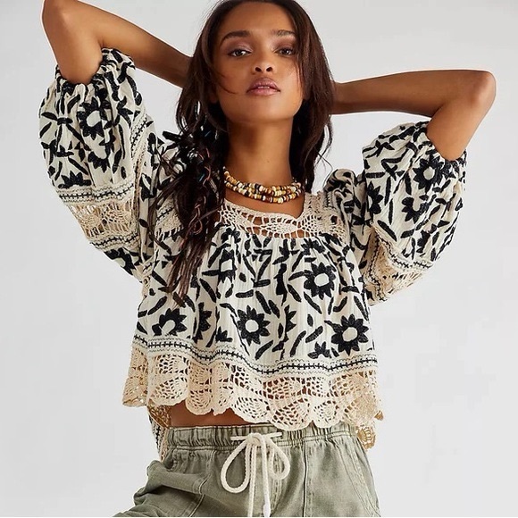 Free People Tops - Free People Black and Cream Floral Blouse